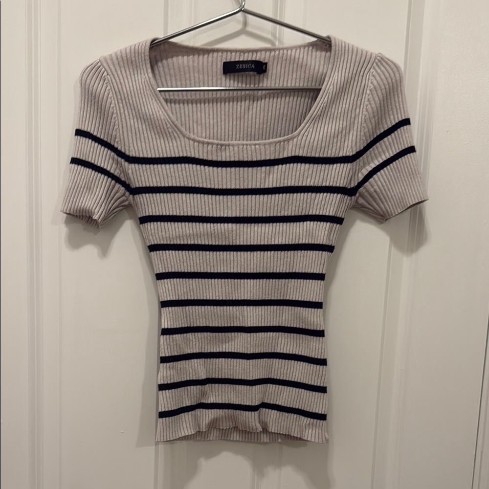 Zessica Beige Ribbed Short Sleeve Stripe Tee